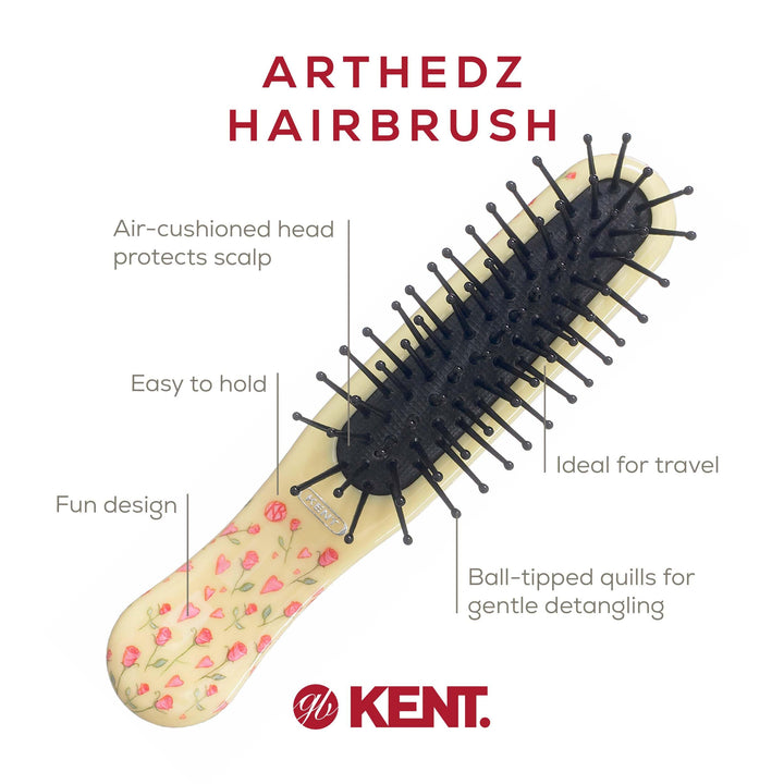 Kent ARTH1 Baby Hair Brush, Hair Brush for Kids, Small Brushes for Hair and Travel Brush Hair Detangler with Non-Scratch Nylon Bristles for Gentle Detangling Arthedz (Hearts N' Roses Pattern)