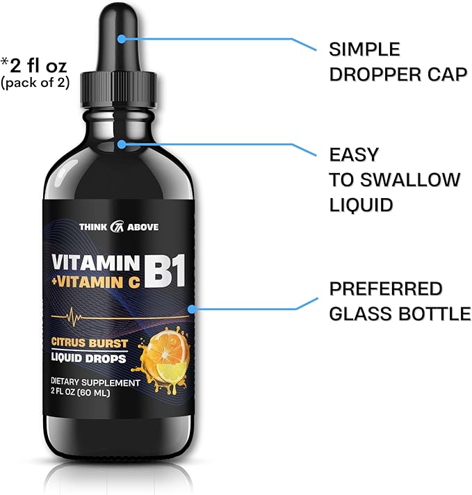 Vitamin B1 + Vitamin C Liquid Drops - Energy & Immune Support Supplement - 2 fl oz (60 ml) Pack of 2 - Fast Absorption, Easy-to-Use