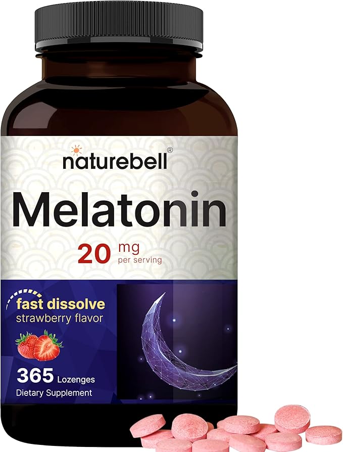 NatureBell Melatonin 20mg, 365 Fast Dissolve Tablets - Natural Strawberry Flavor - Vegetarian Chewable Lozenges for 1 Year Supply, High Potency | Non-GMO, No Gluten