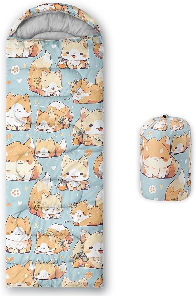 AILONEN Cartoon Fox Camping Sleeping Bag for Boys Girls Adults,Lightweight & Waterproof,3 Season Warm & Cold Weather,Portable,Kawaii Fox Printed Sleeping Bag,Traveling,Camping,Hiking