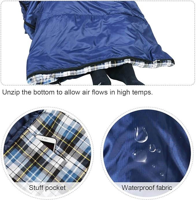 REDCAMP Flannel Sleeping Bag for Adults, Comfortable Cotton Sleeping Bags for Camping with Detachable Hood, Red/Grey/Blue