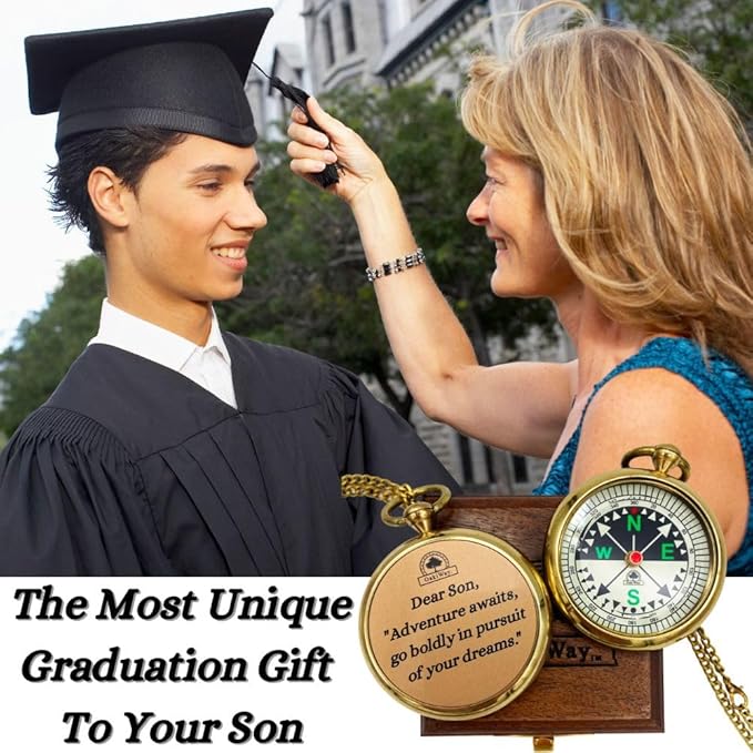 The Dream Chaser Compass in Wooden Box - 2025 Graduation Gifts for Him, College, High School, Birthday Gift Idea for Son, Boys, Daughter - Greeting Card Included, Inspirational, Motivational Present