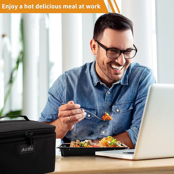 Aotto Portable Oven Electric Lunch Box Food Heater - 80W Heated Lunch Box Food Warmer for Adults, Work, Travel, Home Kitchen - Cook, Reheat, and Keep Warm (Black) 110V/120V