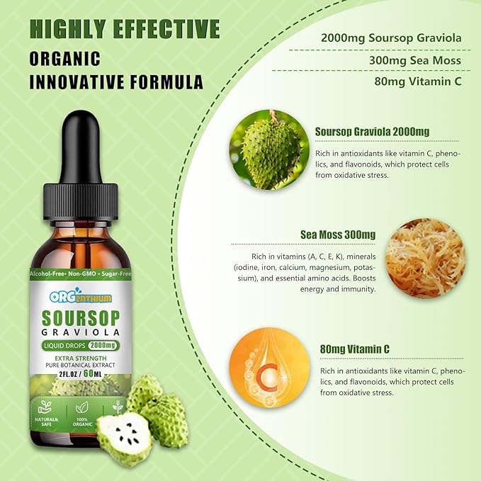Soursop Graviola Liquid Drops - Soursop Leaf Fruit Sea Moss Extract for Cell Support & Regeneration, Immunity, Liver, Sleep & Antioxidant - Soursop Bitters Liquid, Herbal Goodness, 2 Fl Oz