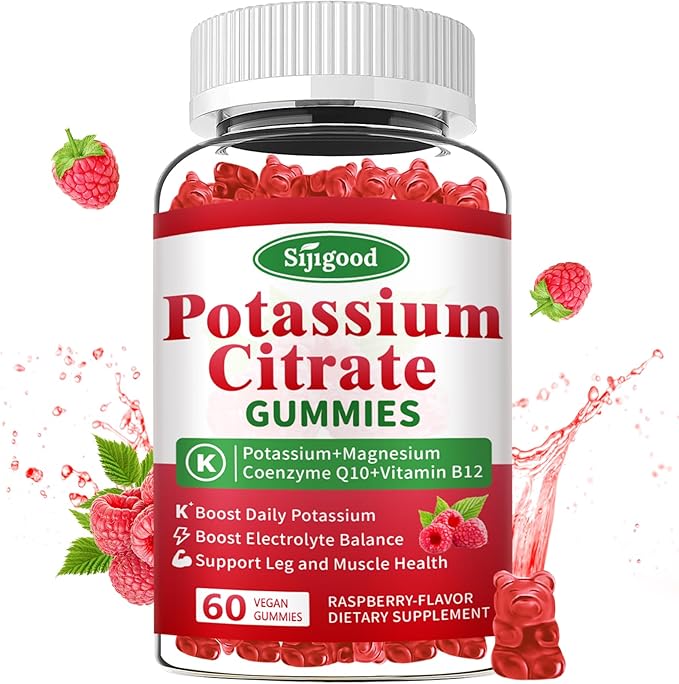 Potassium Citrate Gummies – Potassium Supplement for Muscle Health, Leg Cramp Relief & Electrolyte Balance, Vegan, Non-GMO, Gluten-Free, Raspberry Flavor, 60 Count
