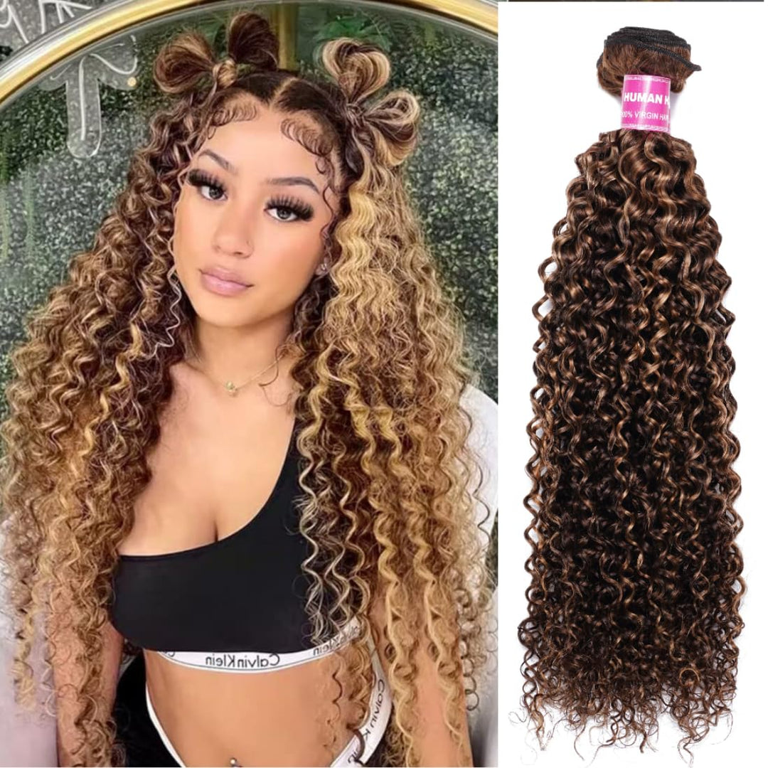 Sunber Human Hair Bundle Honey Blonde Highlight Curly Human Hair Weave Bundle 12A Brazilian Remy TL412 Highlights Balayage Color 14"Inch Human Hair Weave Sew in Extension