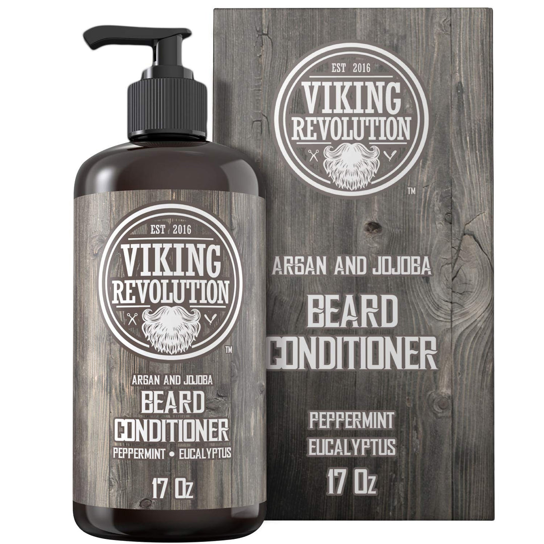 Viking Revolution Beard Conditioner w/Argan & Jojoba Oils - Softens & Strengthens - Natural Peppermint and Eucalyptus Scent- Beard Conditioner w/Beard Oil (17oz Conditioner)