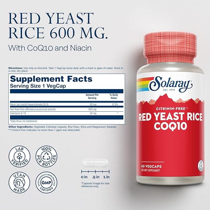 SOLARAY Red Yeast Rice Plus CoQ-10 & No-Flush Niacin Vitamin B-3, Healthy Heart & Cardiovascular Support, Non-Irradiated & Citrinin Free, 60 Day Money Back Guarantee, 60 Servings, 60 VegCaps