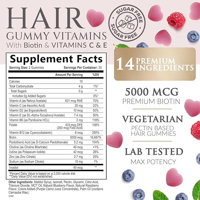 Sugar Free Hair Vitamins Gummies with Biotin 5000 mcg, Vitamin A, B12, C, D, E, Folic Acid, Supports Hair Growth Gummy, Vegetarian Friendly, Supports Strong Beautiful Hair and Nails - 60 Gummies
