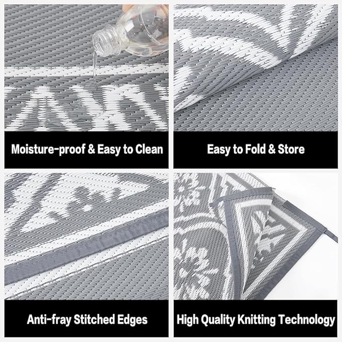 Plastic Outdoor Rug 6'x9' Waterproof Camping Carpet Outside Area Rug Reversible Grey Rugs for RV Deck Entryance Porch Picnic Balcony Beach