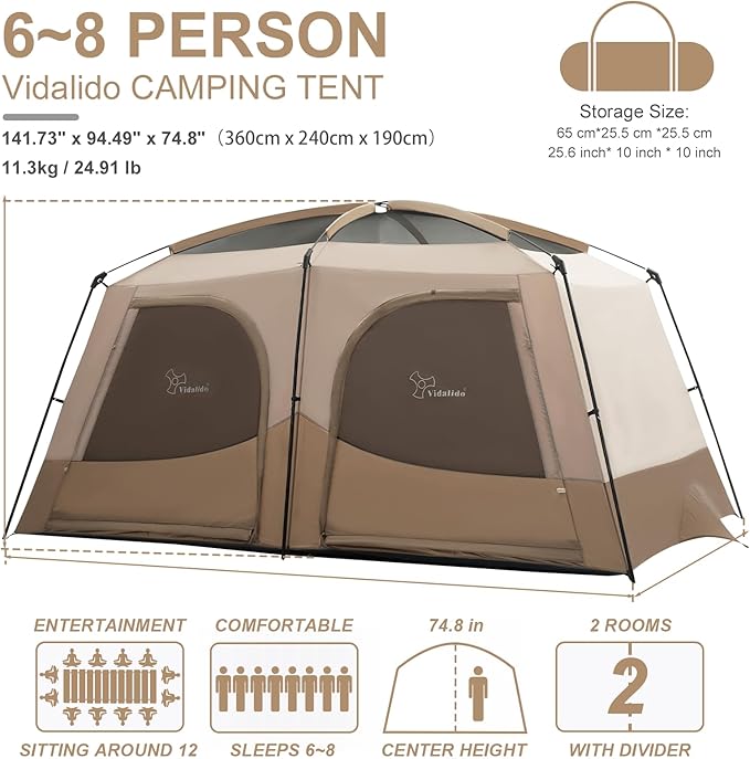 Vidalido Tents，6-8 Person Camping Tent with Extended Vestibule，2 Room Weather Resistant Family Tents，Easy Install Waterproof Outdoor Tent for Backpacking and Camping Hiking