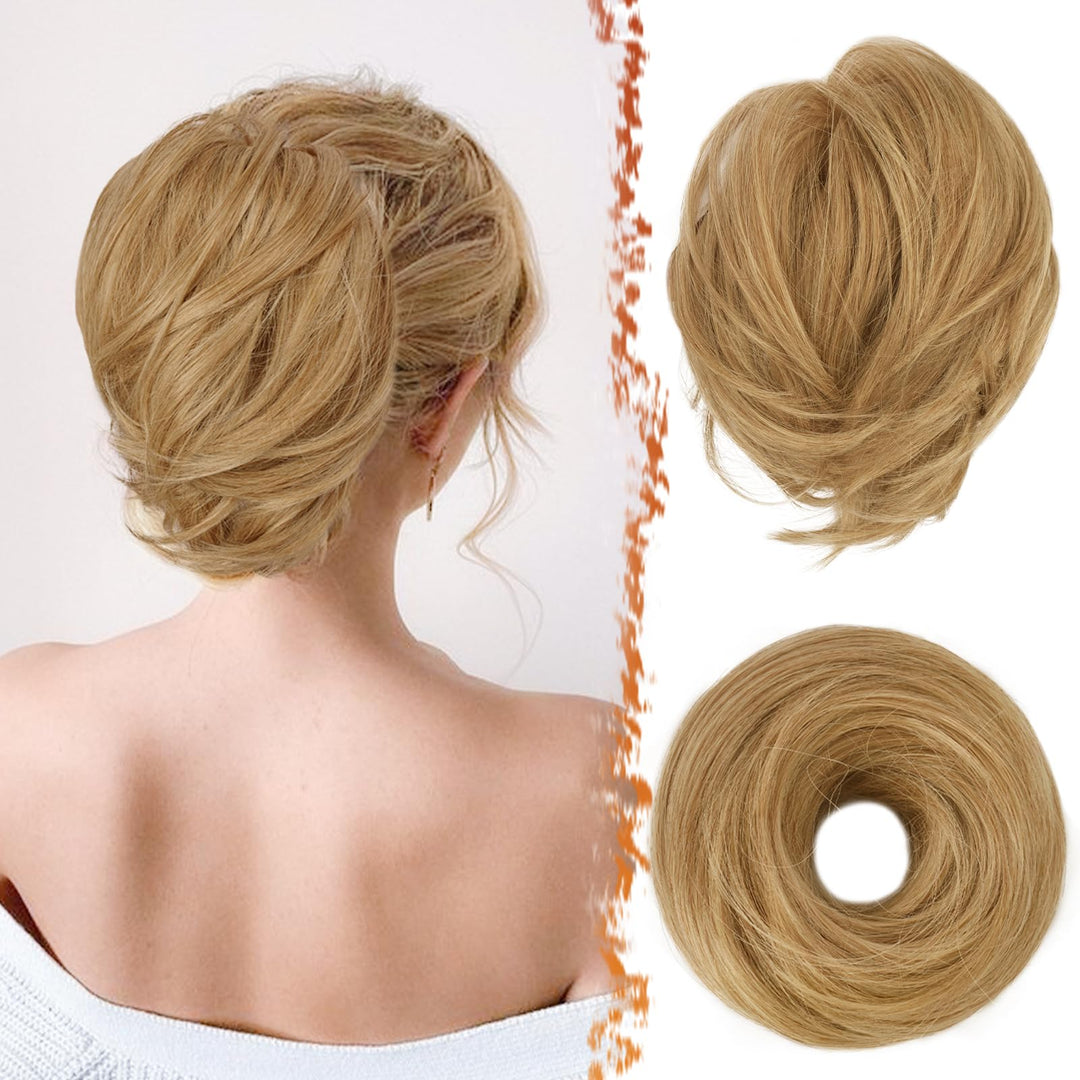 BARSDAR Straight Hair Bun Extensions - Synthetic Fully Short Straight Ponytail Hair Bun Extensions for Women - Elastic Messy Hair Bun Scrunchies Hairpieces Daily - Caramel Blonde Mixed