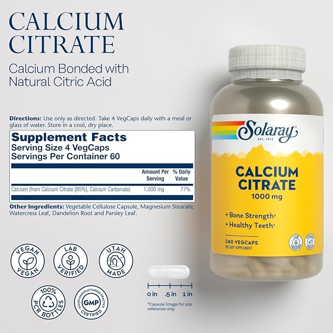 Solaray Calcium Citrate 1000mg - Chelated Calcium Supplement - Supports Bone Strength and Healthy Teeth - Easy to Digest - 60-Day Guarantee, Vegan - 60 Servings, 240 VegCaps