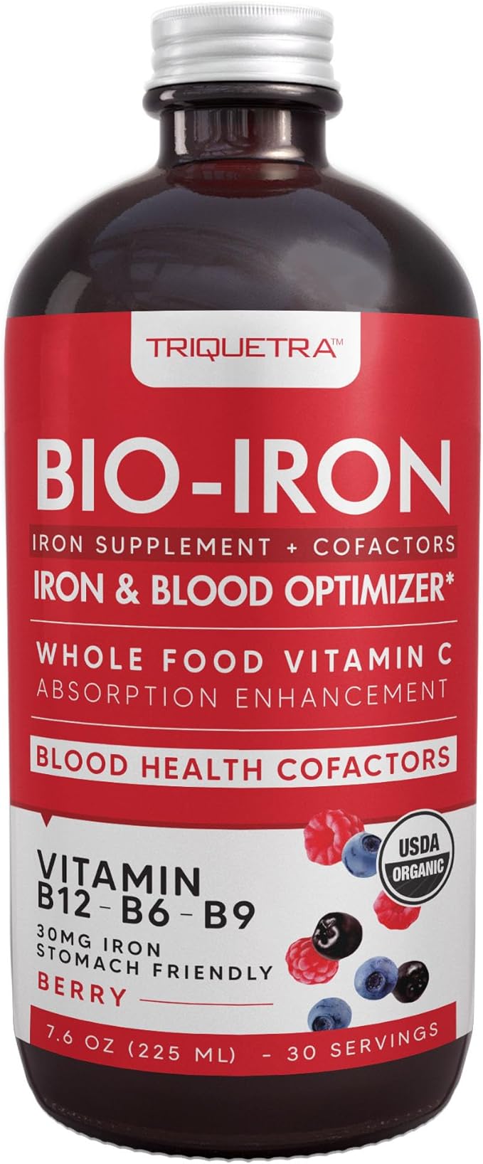 Liquid Iron Supplement | Organic Certified, Berry Flavor - Whole Food Vitamin C Absorption Boost & Blood Building B Vitamins - Methyl B12, L-Methylfolate & B6 - Supports Healthy Iron Levels - 7.6 oz