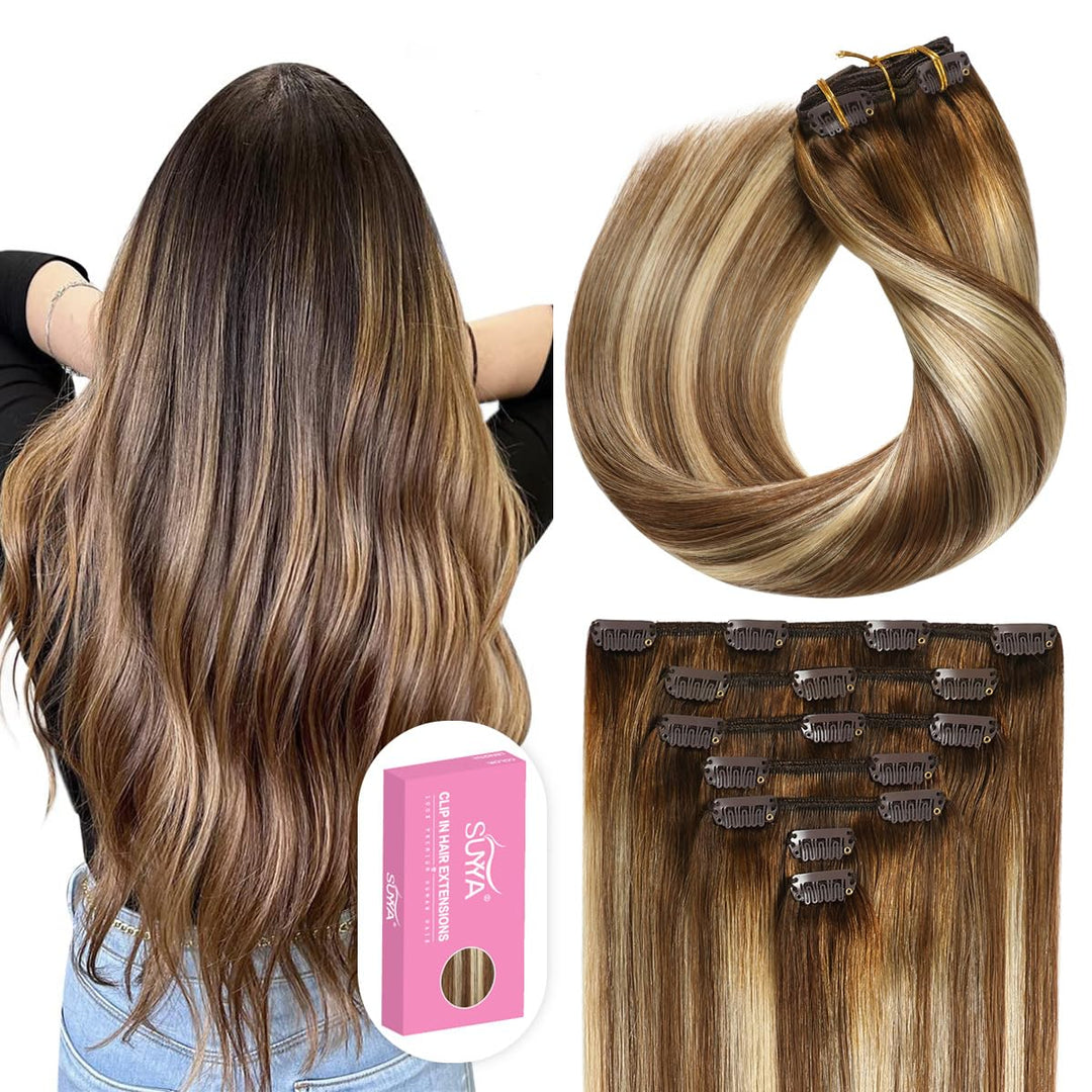 Suyya Clip In Hair Extensions Real Human Hair 14 Inch 110G 7Pcs Hair Extensions Clip Ins Straight Double Weft Balayage Chocolate