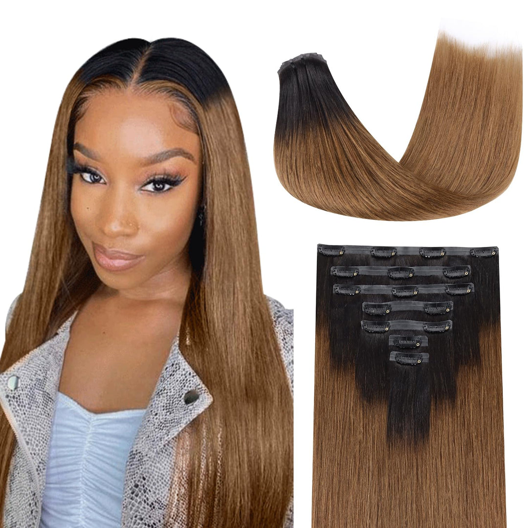 Lashey Human Hair Clip In Extensions 20 Inch Yaki Straight 110G 7Pcs Seamless Clip In Hair Extensions Human Hair Ombre Natural B