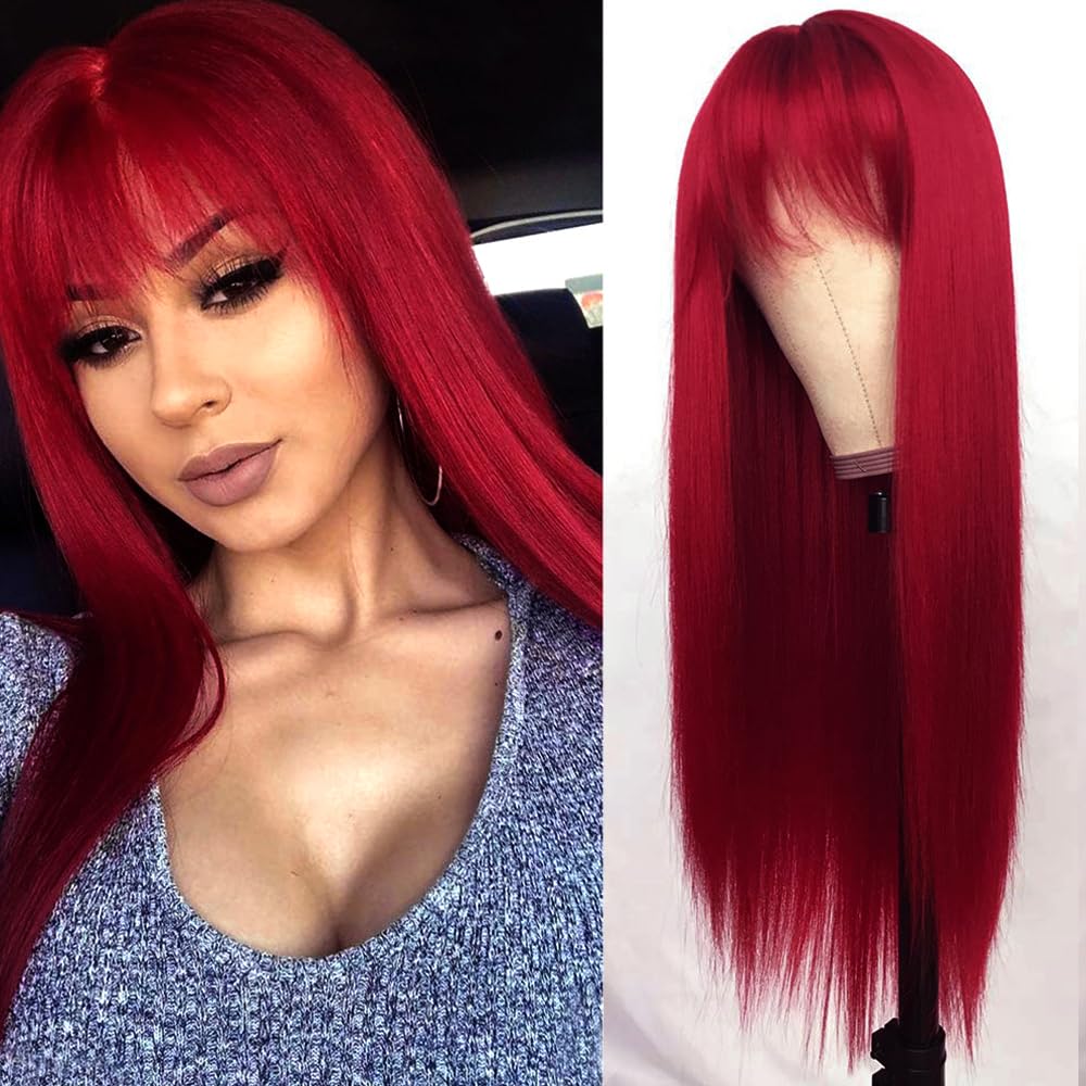 QD-Tizer Red Long Silky Straight Wigs with Bangs, Heat Resistant Synthetic No Lace Wig for Fashion Women, Natural Looking Hair Replacement Wig for Party Cosplay