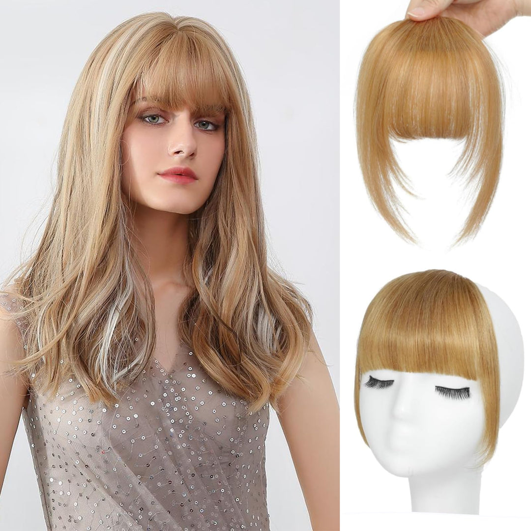 GHDXIWEYU 100% Human Hair Clip in Bangs,Women Fringe with Temples Curtain Flat Natural Curved French Faux Fake Ash Blonde Bangs