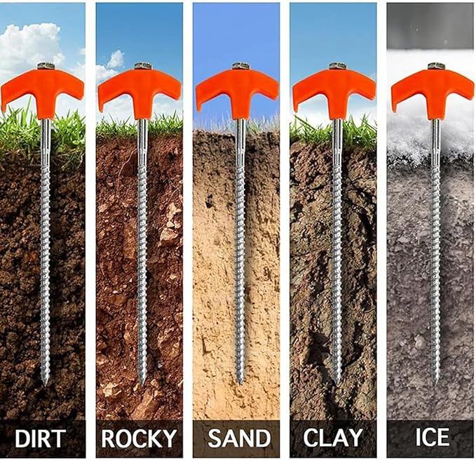 8" Screw in Tent Stakes 4PCS - Ground Anchors Screw in, Screw in Tent Stakes Heavy Duty, Galvanized - Camping Tent Accessories, Metal Threaded Tent Spikes with Hex Head Driver and Storage Bags
