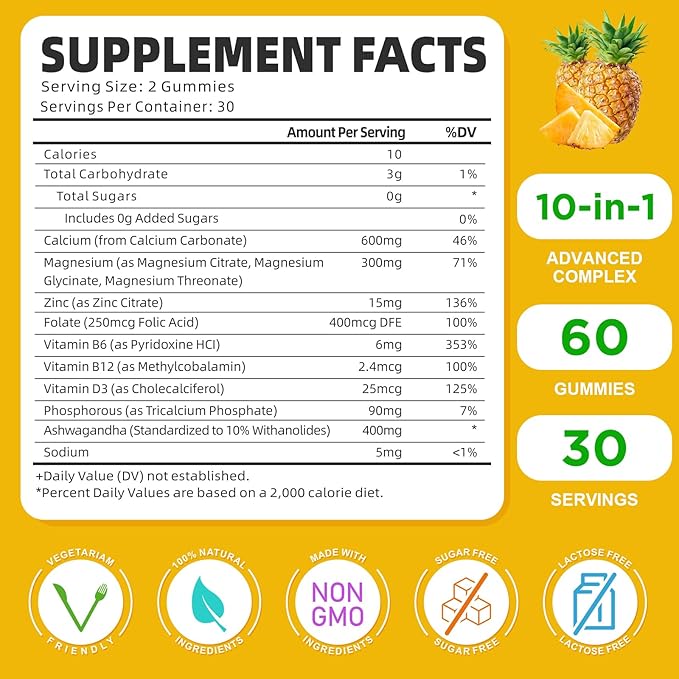 Calcium Magnesium Zinc Gummies with Vitamin D3, Sugar Free Calcium Gummies for Women Men, High Potency Magnesium Gummies for Bone & Muscle & Immune Health, Pineapple Flavor - 60 Count