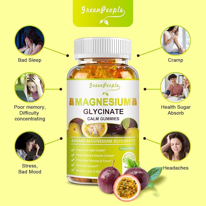Magnesium Glycinate Gummies 400mg - Sugar Free Magnesium Potassium Supplement with Magnesium Malate, Vitamin D, B6, and CoQ10 for Calm Support & Sleep for Adults - Passion Fruit Gummies