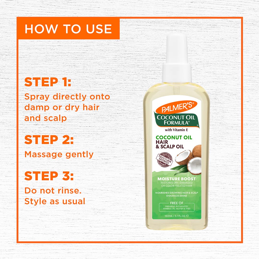 Palmer's Coconut Oil Moisture Boost, Restorative Hair and Scalp Oil Spray, Lasting Hydration and Shine for Dry or Damaged Hair, Promotes Scalp Health, 5.1 Oz