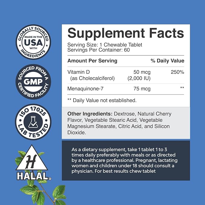 Natures Craft Vitamin D3 with K2 MK7 Supplement - Vitamin D3 2000 IU Tablets and K2 for Immune Support Bone Health Heart Health Joint Support Bone Strength and Mood Boost - VIT Immune System