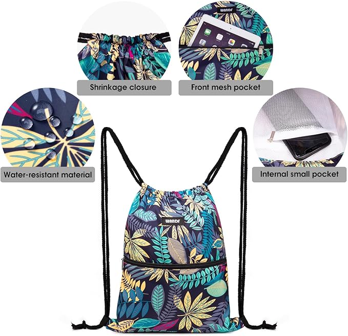 WANDF Drawstring Backpack String Bag Sackpack Cinch Water Resistant Nylon for Gym Shopping Sport Yoga (Blue Leaf.)