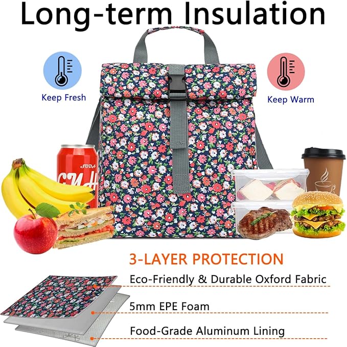 Insulated Lunch Bag for Men/Women/Kids, Roll top Reusable Lunch Box with Adjustable Shoulder Strap, Thermal Lunch Cooler Tote Container for Adults/Teens School Work Office Picnic,Floral