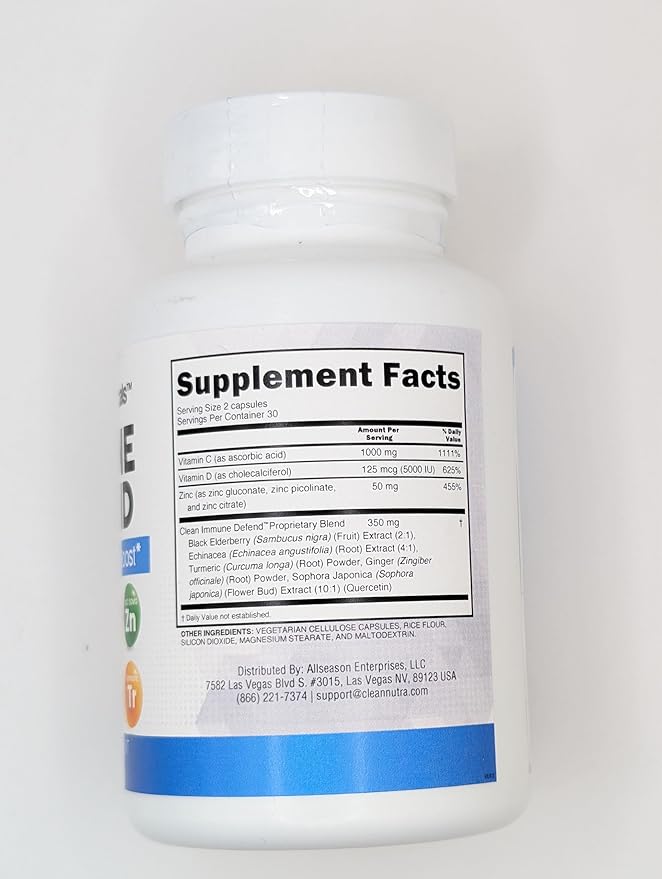 Clean Nutraceuticals Immune Defense Support Supplement 8 in 1 with Zinc 50mg Quercetin, VIT C 1000mg, Vitamin D3 5000 IU, Elderberry, Ginger - Immunity System Booster for Adults, Vegan - 60 Count