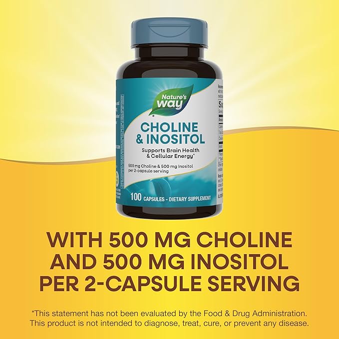 Nature's Way Choline & Inositol, Supports Brain Health & Cellular Energy*, 500 mg Choline & 500 mg Inositol per 2-capsule serving, Gluten Free, 100 Capsules (Packaging May Vary)