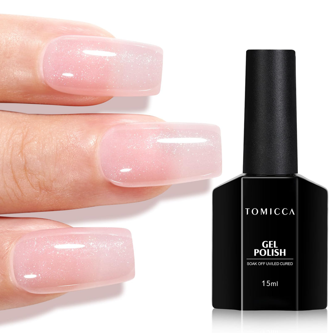 TOMICCA Pink Glitter Gel Nail Polish, Shimmer Sheer Pink Gel Polish, Soak Off UV Transparent Sparkle Clear Nail Polish, DIY Manicure Salon