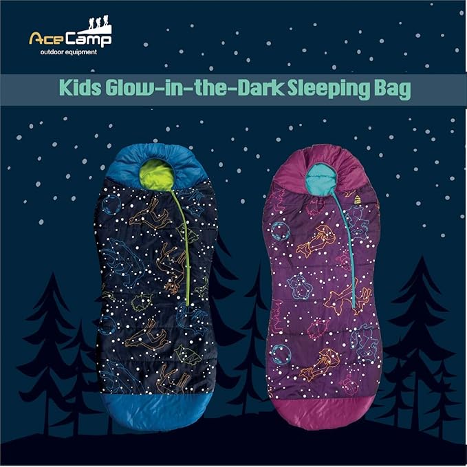 AceCamp Glow in The Dark Mummy Sleeping Bag for Kids and Youth, Temperature Rating 30°F/-1°C, Water-Resistant for Camping, Hiking, and Slumber Party