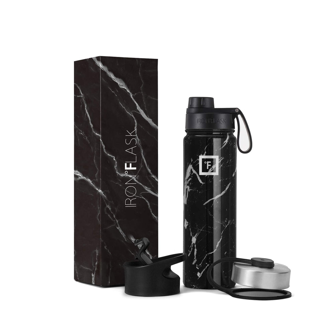 IRON °FLASK Camping & Hiking Hydration Flask, Wide Mouth, 3 Spout Lids, Stainless Steel Outdoor Water Bottle, Double Walled, Insulated Thermos, Metal Canteen - Black Marquina, 22 Oz