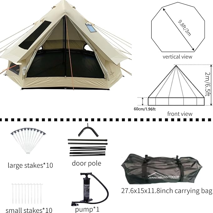 DANCHEL OUTDOOR B2I Waterproof Inflatable Camping Tent with Stove Jack for 1-3 Person, No Center Pole Portable Blow up Galmping Yurt with Pump, 300D Oxford Polyester Bell Tent Hiking, 29lbs, 3m