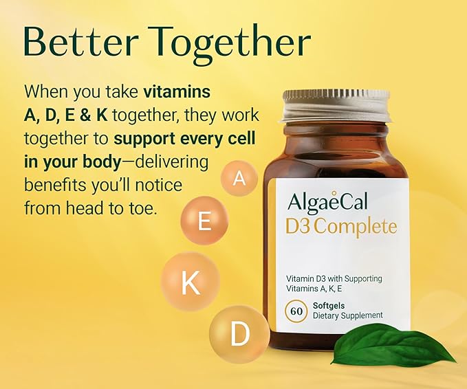 ALGAECAL 4-in-1 Vitamin D3 K2 Complete - ADK Vitamin Supplement, Enhanced Immune Support & Bone Health with D3 K2, A, & E - Whole Body Wellness & Bone Strength, 60 Easy-Swallow Softgels, Made in USA