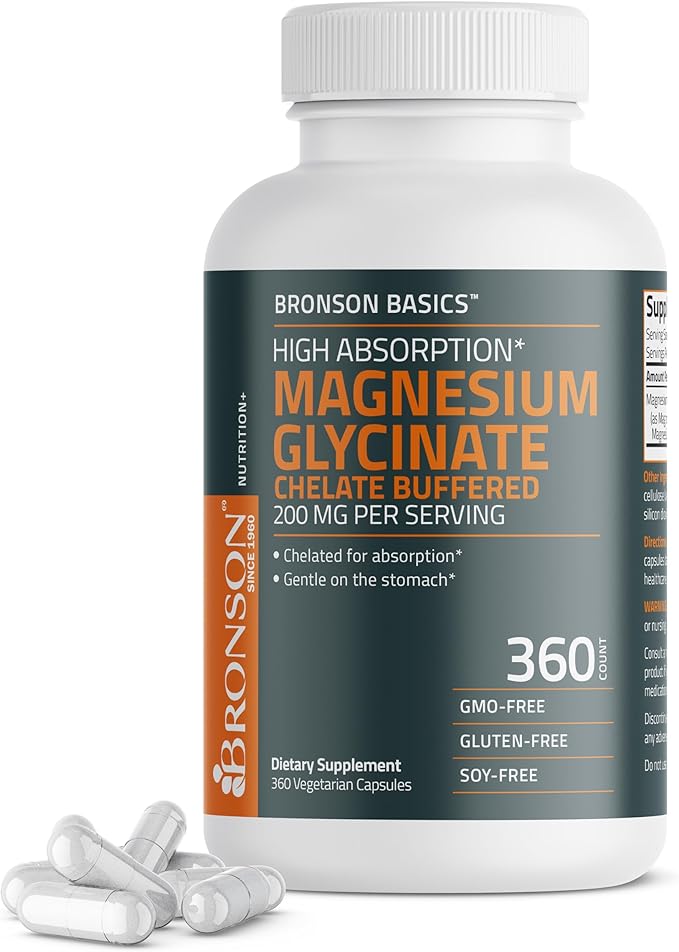 Bronson Magnesium Glycinate 200mg High Absorption Chelated Buffered Gentle On The Stomach Non-GMO, 360 Vegetarian Capsules