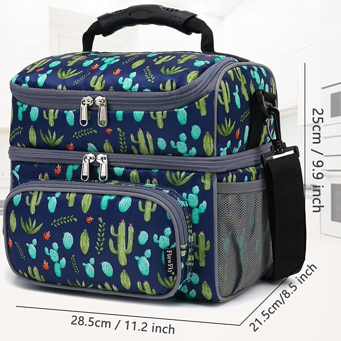 FlowFly Double Layer Cooler Insulated Lunch Bag Adult Lunch Box Large Tote Bag for Men, Women, With Adjustable Strap,Front Pocket and Dual Large Mesh Side Pockets