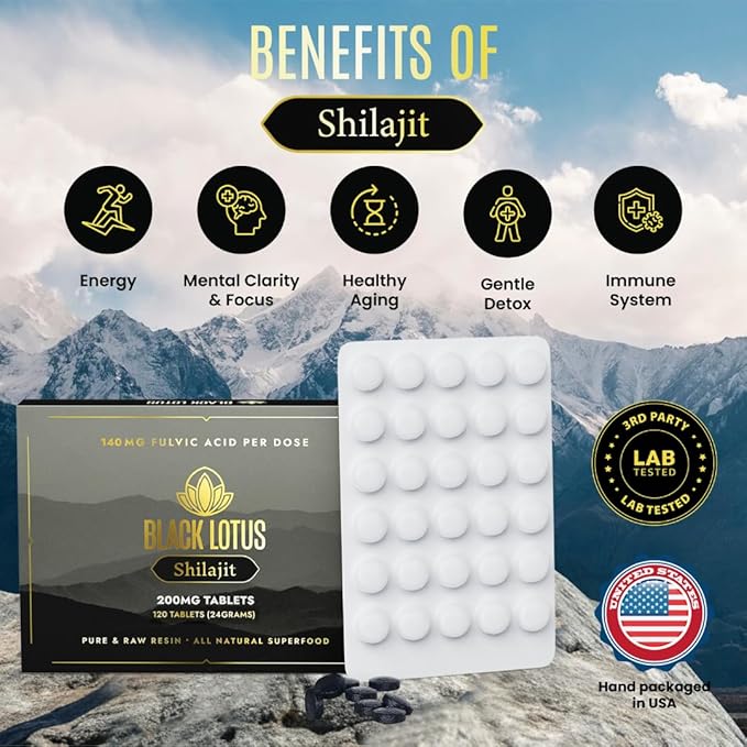 Resin Tablets, 120 Count, 200mg Each, 100% Pure Natural Shilajit for Men & Women with Amino Acids, 140mg Fulvic Acid, 85 Ionic Trace Minerals, for Immune Support, Focus, Energy