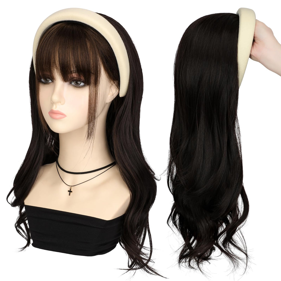 Soulwigger 22 inch Synthetic Beige Headband Hair Wig Curly Body Wave Glueless Black Brown Wigs For Women With None Lace Front