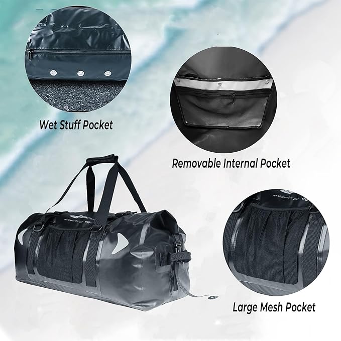 65L Waterproof Duffel Bag for Men and Women - Large Motorcycle Duffle Bag with Straps for Back Seat - Roll Top Dry Bag for Kayaking, Rafting, Boating, Swimming, Beach