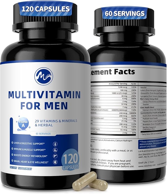 Multivitamin for Men - Daily Mens Multivitamins with Vitamin D, Zinc, Methylcobalamin B12, Folic Acid, Lycopene and Prebiotics for Men's Wellness, Immune Support, Energy and Vitality, 120 Capsules