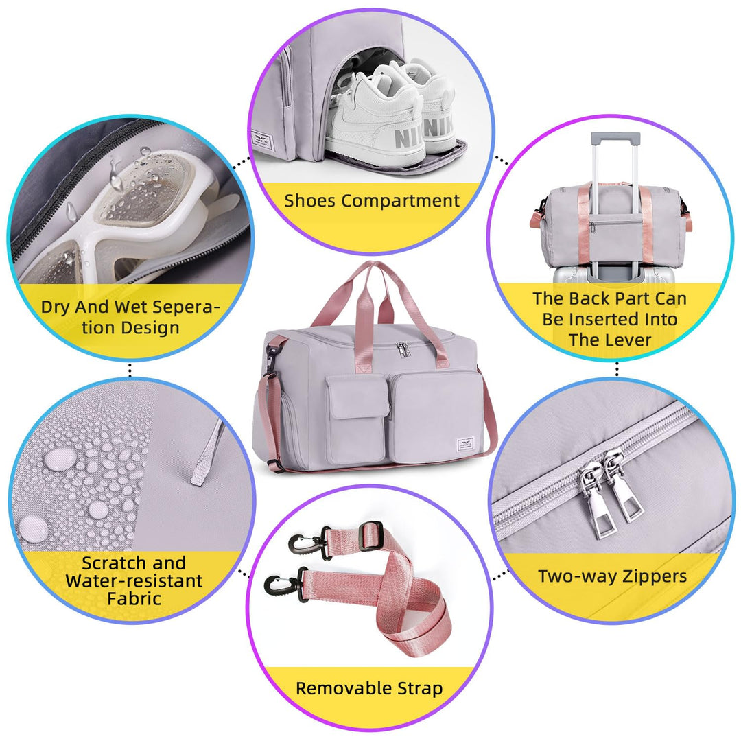 FIORETTO Women's Water-Resistant Gym Duffle Bag with Shoes Compartment, 37L Capacity, Multi-Functional, Ideal for Travel, Gym, Sports, Weekender, with Toiletry Bag, Grey & Pink