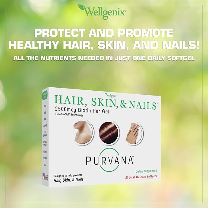 Wellgenix Purvana Hair, Skin, and Nails Vitamin - 2500mcg Biotin, Folic Acid, DMAE, Grape Seed Extract - One a Day Softgels - PCOS & Postpartum Hair Loss Support - (30 Count)