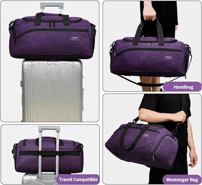 FIORETTO 35L Mens Sports Gym Bag with Toiletry Bag & Shoe Compartment, Travel Duffle Bag Overnight Bag with Padded Shoulder Strap, Sports Holdall for Swimming, Basketball Purple