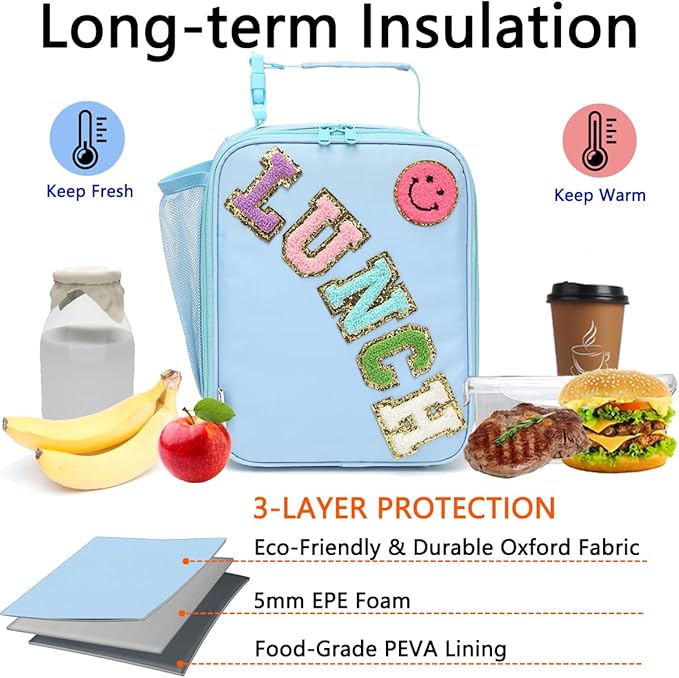 Insulated Lunch Bag for Women Girl Teen large Insulated Kid Lunch Bag,Large Reusable Cute Cooler Bag for School Work Picnic,Blue Alphabet