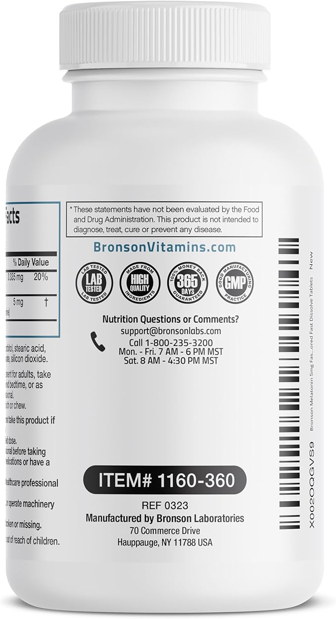Bronson Melatonin 5mg Fast Dissolve Orange Flavor Tablets with Vitamin B6 - Promotes Relaxation, 360 Vegetarian Chewable Lozenges