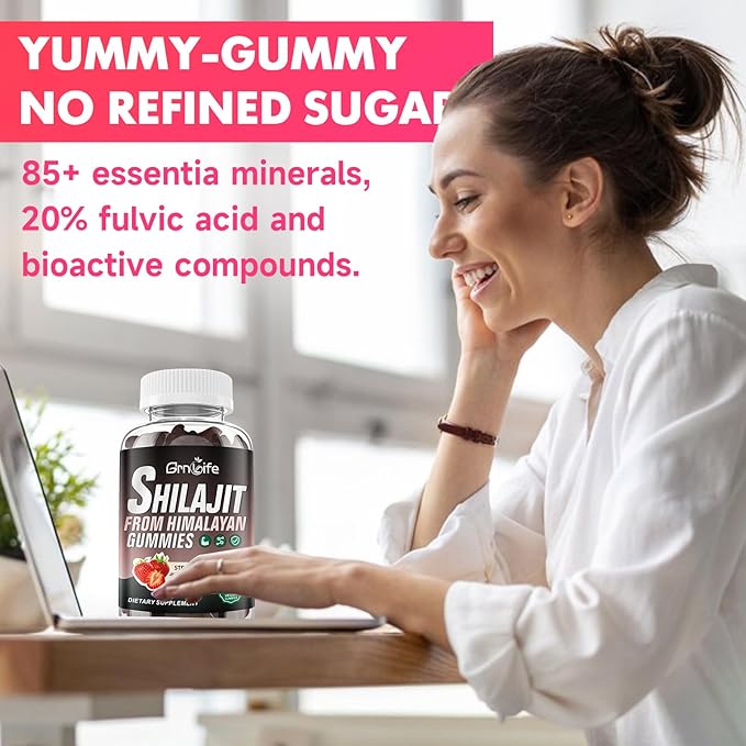 Shilajit Gummies for Men & Women, 1000MG Shilajit Supplement with 85+ Trace Minerals & Fulvic Acid for Energy, Immunity, Sugar-Free, Strawberry-60 Count
