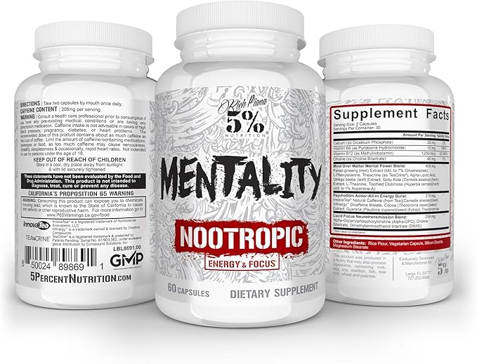 5% Nutrition Rich Piana Mentality Nootropic Blend | Brain Booster Supplement for Performance, Memory, Mental Clarity | Ginseng, Ginkgo, L-Theanine, Choline, Huperzine, 60 Capsules (30 Day Supply)