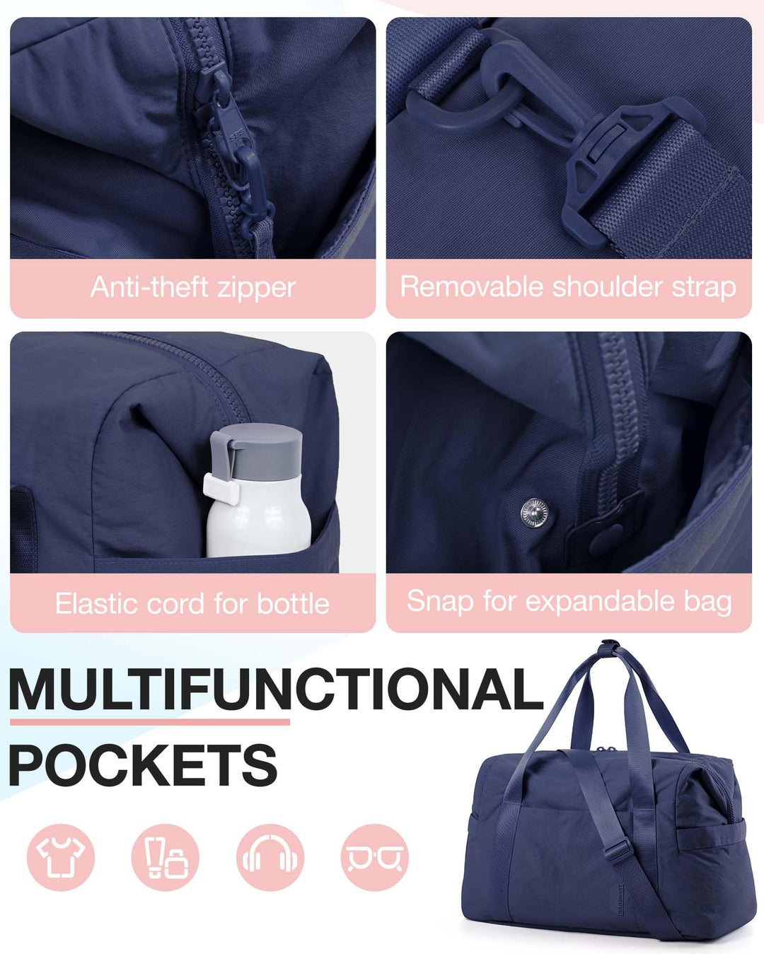 BAGSMART BAGSMART Gym Bag for Women, Carry on Weekender Overnight Bag, Travel Duffel Bags with Trolley Sleeve, Personal Item Travel Bag Tote Bag Workout Dance Bag, Dark Blue-34L